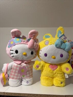 Sanrio Hello Kitty Plush Pair in Pink Floral & Bright Yellow Bunny Suits